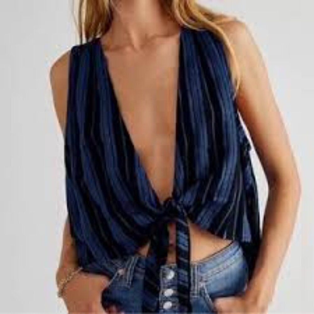 Free People By My Side Stripe Reversible Tie Front Sleeveless Top in Blue L